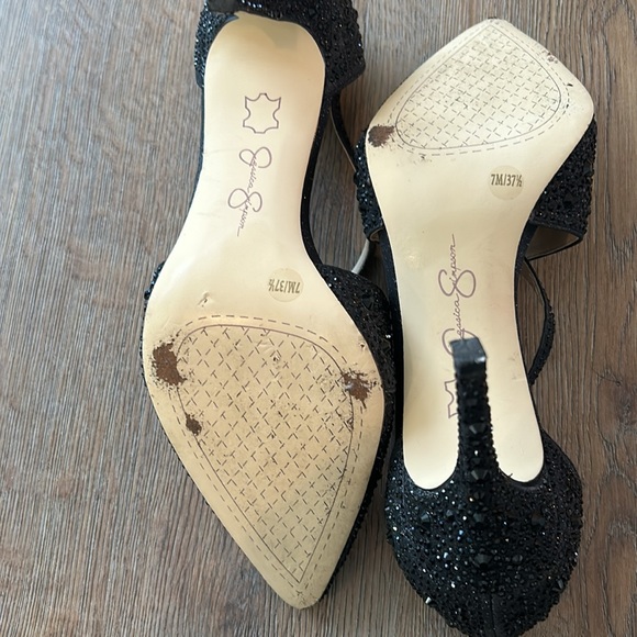 Jessica Simpson Cross Strap Size 7M Black Embossed Dressy Heels - Picture 4 of 5